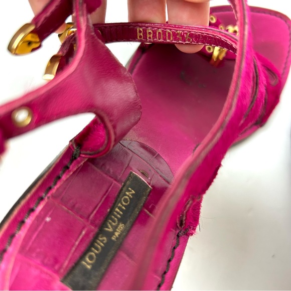 Louis Vuitton Vintage Pony Hair Sandal Heels with Gold Buckles Pink - Picture 7 of 9